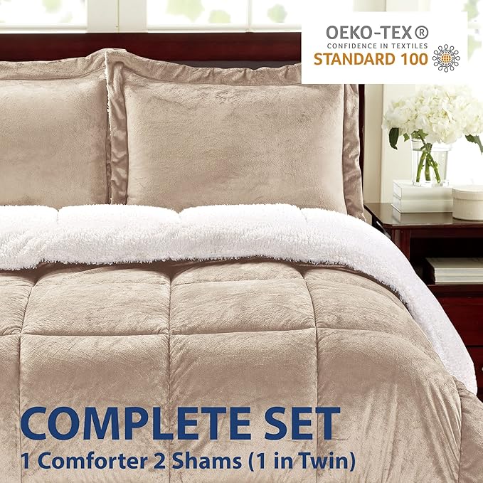 Cathay Home Bedding Sets: Ultra Soft and Plush Reversible Micromink and Sherpa 3-Piece Comforter Set, Camel, King (102" x 90") - LeafyLoom
