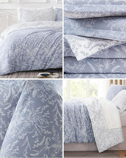 Southshore Fine Living, Inc. Full/Queen Comforter Set, Down Alternative Floral Comforter with Matching Shams, Reversible Print is 2 Colors in 1, Fits Queen & Full Beds, Winter Brush Blue/White - LeafyLoom