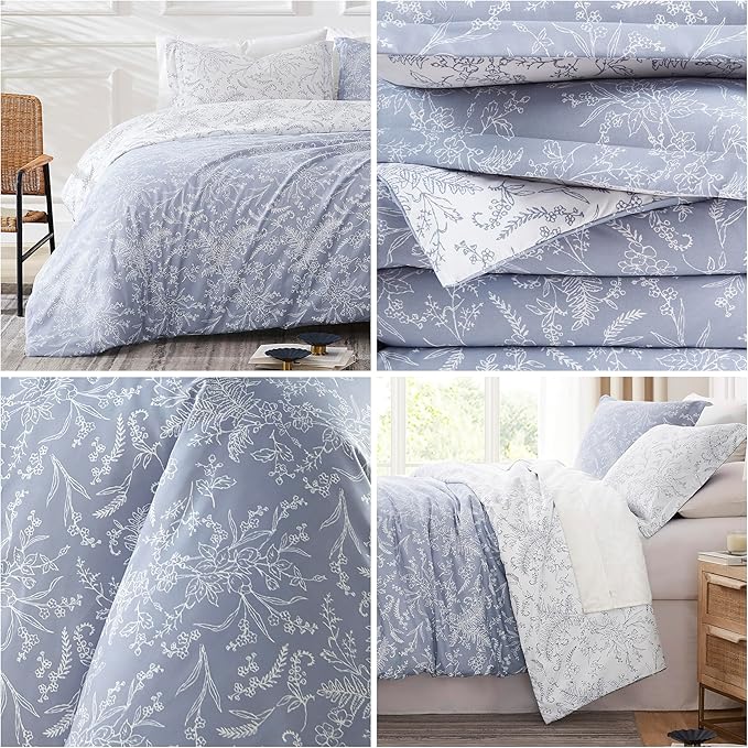 Southshore Fine Living, Inc. Full/Queen Comforter Set, Down Alternative Floral Comforter with Matching Shams, Reversible Print is 2 Colors in 1, Fits Queen & Full Beds, Winter Brush Blue/White - LeafyLoom