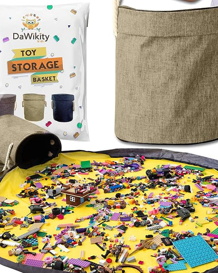 Toy Storage Basket and Play Mat - Building Bricks Toy Storage Organizer - Tidy with Ease - Toy Blocks Mat Storage Bag - Collapsible XL Kids Canvas Bag/Bin - Drawstring Playmat Boy/Girls-15"x14”(BEIGE) - LeafyLoom