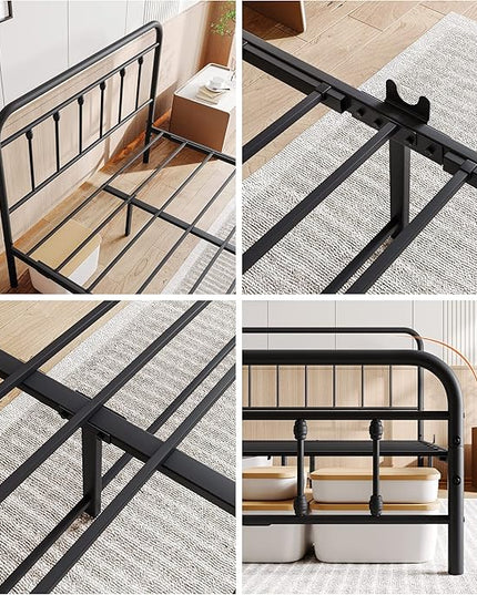 Vintage Full Size Bed Frame with Headboard and Footboard Mattress Heavy Duty Metal Platform, Steel Slat Support (Full, Black Sanded) - LeafyLoom