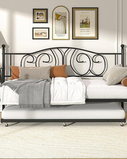 VECELO Twin Daybed with Trundle, Metal Day Bed with Classic Headboard, Multifunctional Platform Beds for Bedroom, Living Room, Guest Room, No Boxing Spring Needed, Black - LeafyLoom