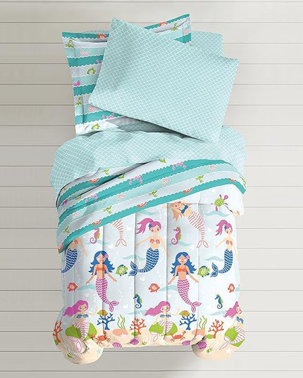 dream FACTORY Kids 7-Piece Complete Set Easy-Wash Super Soft Microfiber Comforter Bedding, Full, Light Blue Mermaid Dreams - LeafyLoom