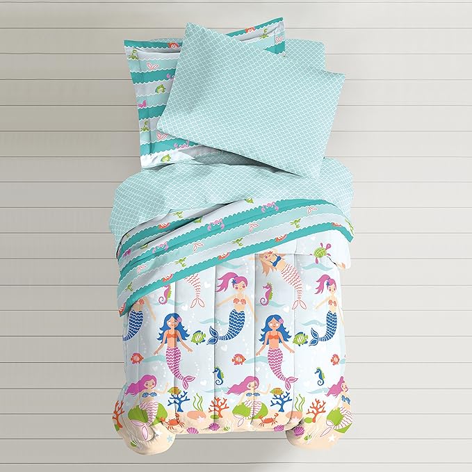 dream FACTORY Kids 7-Piece Complete Set Easy-Wash Super Soft Microfiber Comforter Bedding, Full, Light Blue Mermaid Dreams - LeafyLoom