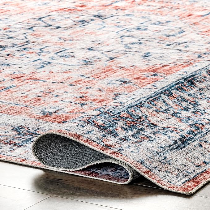 nuLOOM Rina Faded Persian Machine Washable Ultra Thin Area Rug, 5' x 8', Rust - LeafyLoom
