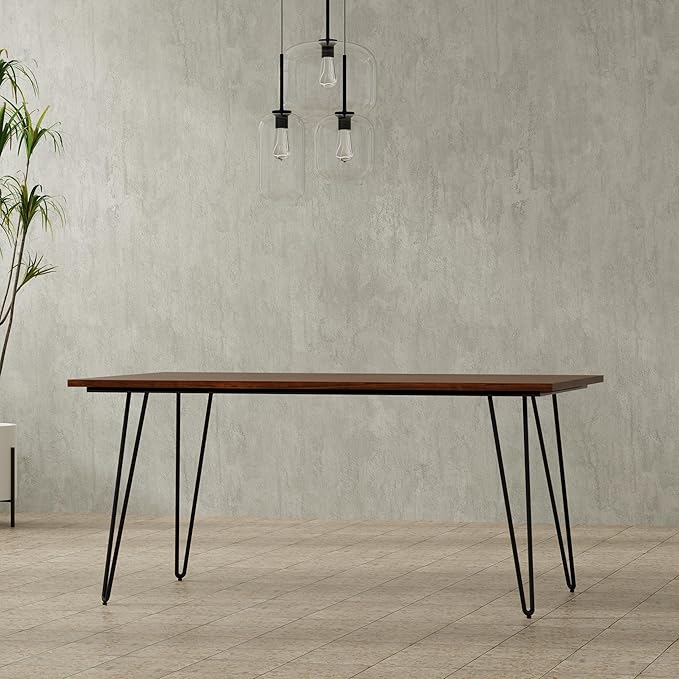 SIMPLIHOME Hunter Dining, Solid Wood Walnut Veneer Tabletop and Powder-Coated Iron Metal Legs in Black Industrial-Style Rectangular Kitchen Table for 4 to 6 People, 66 inches - LeafyLoom