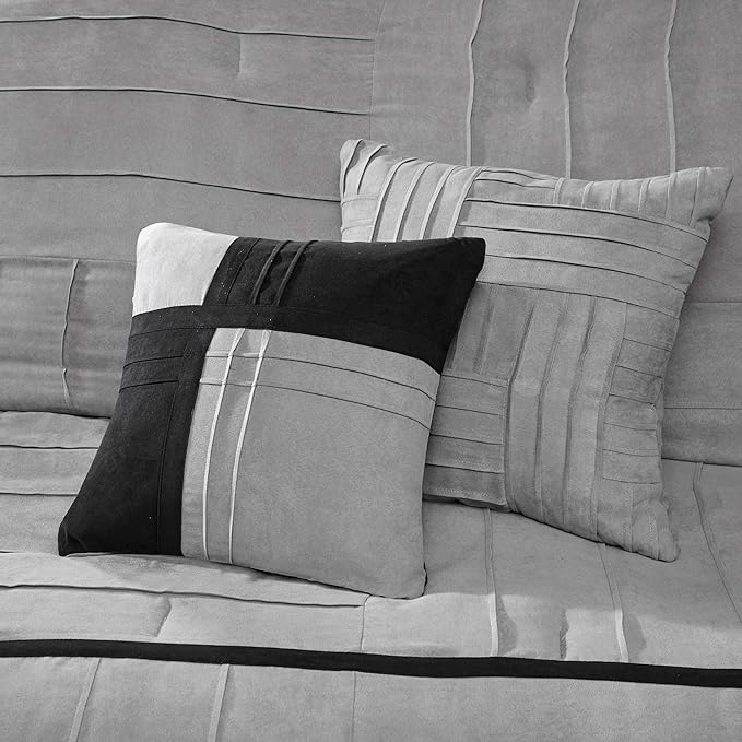 Madison Park Cozy Comforter Set Casual Blocks Design All Season, Matching Bed Skirt, Decorative Pillows, King (104 in x 92 in), Dune Black/Grey, 7 Piece - LeafyLoom