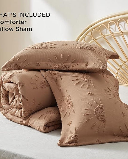 Bedsure Twin/Twin XL Size Comforter Set Taupe, Boho Tufted Bedding Comforter Set, Farmhouse Jacquard Solar Pattern Bed Set, 2 Pieces, 1 Shabby Chic Fluffy Comforter & 1 Pillow Sham - LeafyLoom