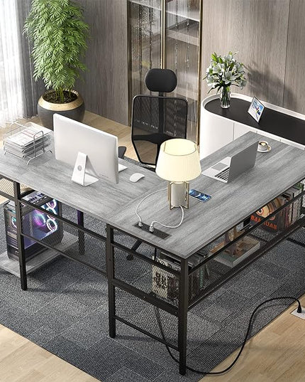 Unikito L Shaped Corner Computer Desk with USB Charging Port and Power Outlet, Storage Shelves, Reversible, Industrial 2 Person Gaming Table Modern Home Office Desks, White Oak - LeafyLoom