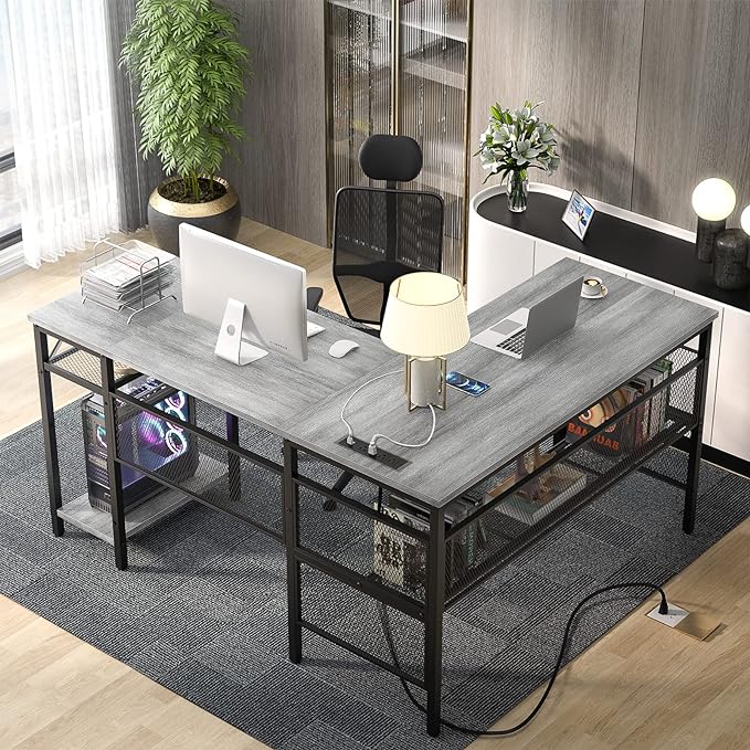 Unikito L Shaped Corner Computer Desk with USB Charging Port and Power Outlet, Storage Shelves, Reversible, Industrial 2 Person Gaming Table Modern Home Office Desks, White Oak - LeafyLoom