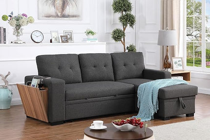 L Shaped Pull Out Couch with Storage Chaise & 3 Removable Back Cushions,Linen Upholstered Sectional Sleeper Sofa Bed W/Side Open Cup Holder&USB Port for Living Room,Office,Dark Grey,92" - LeafyLoom