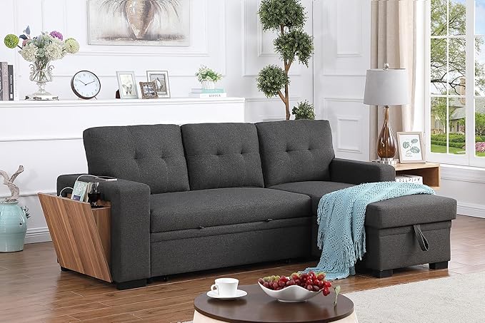 L Shaped Pull Out Couch with Storage Chaise & 3 Removable Back Cushions,Linen Upholstered Sectional Sleeper Sofa Bed W/Side Open Cup Holder&USB Port for Living Room,Office,Dark Grey,92" - LeafyLoom