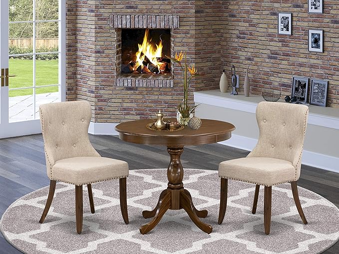 East West Furniture AMSI3-AWA-04 3 Piece Dining Set for Small Spaces Contains a Round Kitchen Table with Pedestal and 2 Light Tan Linen Fabric Parson Chairs, 36x36 Inch - LeafyLoom