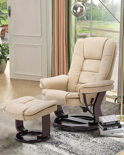 JC Home Swivel Ottoman Bonded Leather Recliner Chair and Foot Rest for Living Room, Home Theater, Man Cave, Bedroom-Round Mahogany Base-Modern, Contemporary Furniture, offwhite - LeafyLoom