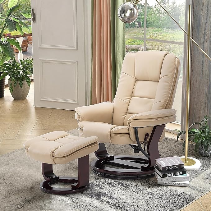 JC Home Swivel Ottoman Bonded Leather Recliner Chair and Foot Rest for Living Room, Home Theater, Man Cave, Bedroom-Round Mahogany Base-Modern, Contemporary Furniture, offwhite - LeafyLoom