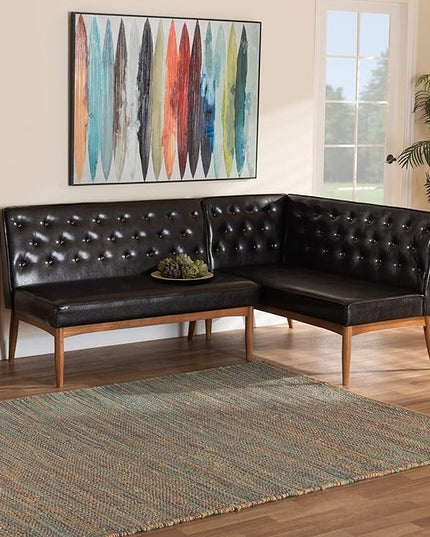 Baxton Studio Riordan Mid-Century Modern Dark Brown Faux Leather Upholstered and Walnut Brown Finished Wood 2-Piece Dining Nook Banquette Set - LeafyLoom