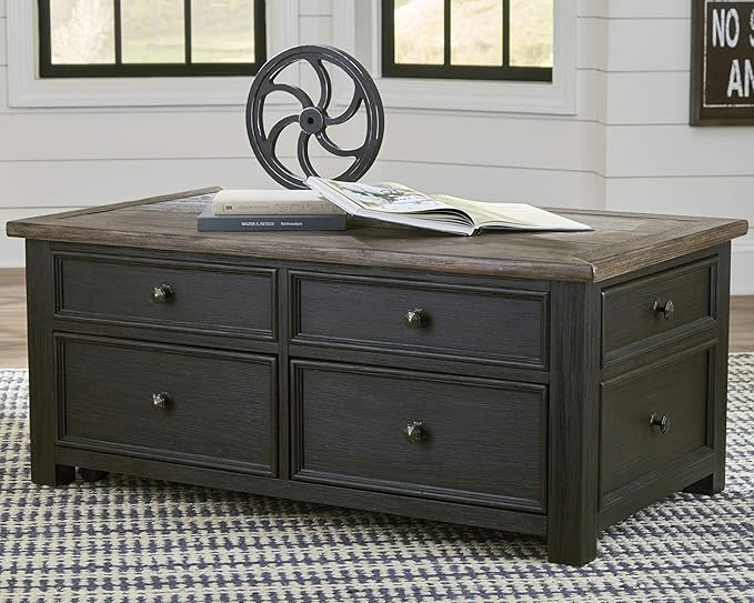 Signature Design by Ashley Tyler Creek Rustic Farmhouse Lift Top Coffee Table with Drawers, Brown & Black - LeafyLoom