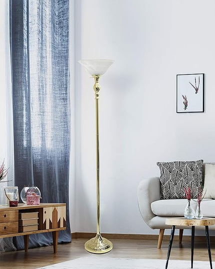Elegant Designs LF2001-GLD 1 Light Torchiere Marbleized White Glass Shade Floor Lamp, Gold - LeafyLoom