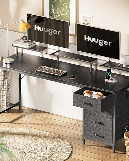 63 Inch Computer Desk with Power Outlets and LED Lights, Gaming Desk with 4 Drawers, Office Desk with Monitor Stand, Study Desk Work Desk for Home Office, Black - LeafyLoom