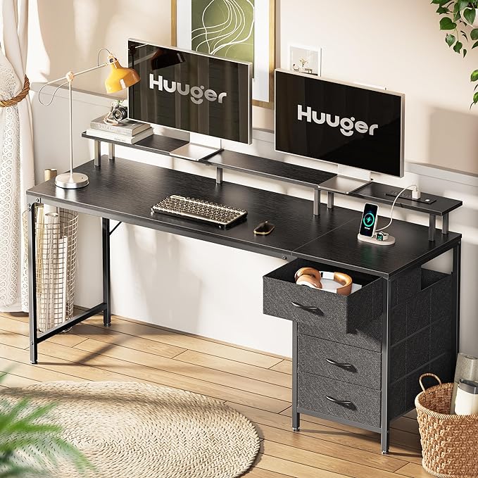 63 Inch Computer Desk with Power Outlets and LED Lights, Gaming Desk with 4 Drawers, Office Desk with Monitor Stand, Study Desk Work Desk for Home Office, Black - LeafyLoom