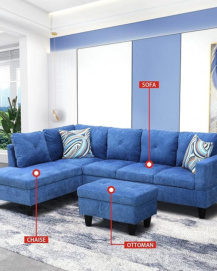 L-Shaped Sectional Couches with 66.5'' Chaise Lounge & Storage Ottoman Modular Room Sofas for Home Office Apartment, Large Living Furniture, 97'' Left Hand Facing, Blue Linen - LeafyLoom