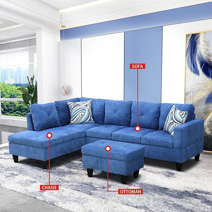 L-Shaped Sectional Couches with 66.5'' Chaise Lounge & Storage Ottoman Modular Room Sofas for Home Office Apartment, Large Living Furniture, 97'' Left Hand Facing, Blue Linen - LeafyLoom