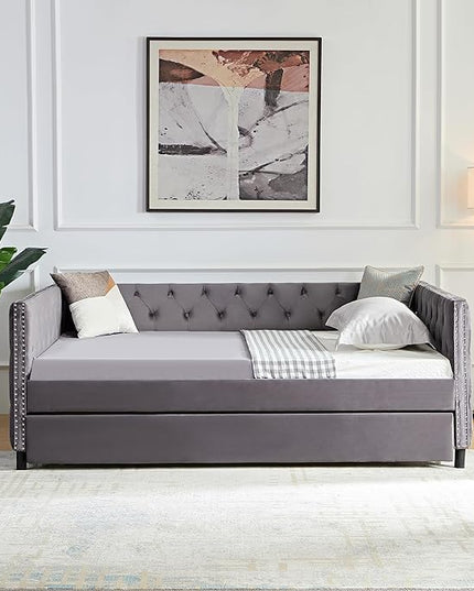 Velvet Upholstered Full Size Daybed with Twin Trundle, Solid Wooden Sofa Bed Frame w/Button Tufted Backrest, No Box Spring Needed, for Bedroom, Living, Guest Room - LeafyLoom