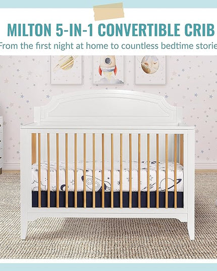 JPMA & Greenguard Gold Certified Milton 5-in-1 Convertible Crib Made with Sustainable New Zealand Pinewood in White and Natural, Non-Toxic Finish - LeafyLoom