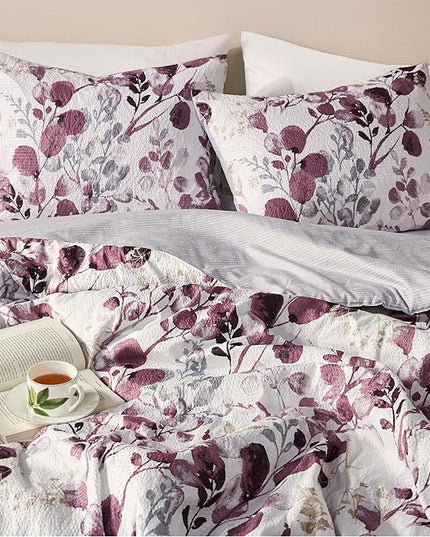 Codi Floral Queen Comforter Set for Womens, Spring Lavender Bedding Sets with Soft Seersucker 3pcs - 1 Flower Comforters and 2 Pillows Case, Lilac Purple - LeafyLoom