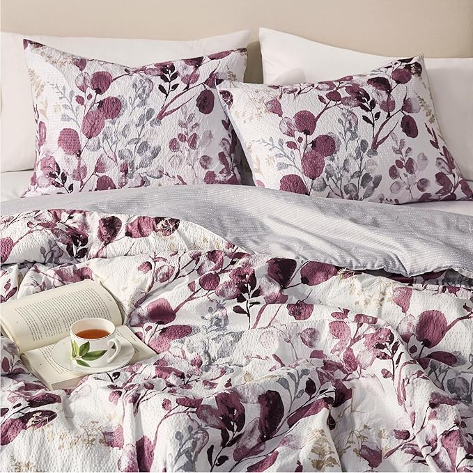 Codi Floral Queen Comforter Set for Womens, Spring Lavender Bedding Sets with Soft Seersucker 3pcs - 1 Flower Comforters and 2 Pillows Case, Lilac Purple - LeafyLoom