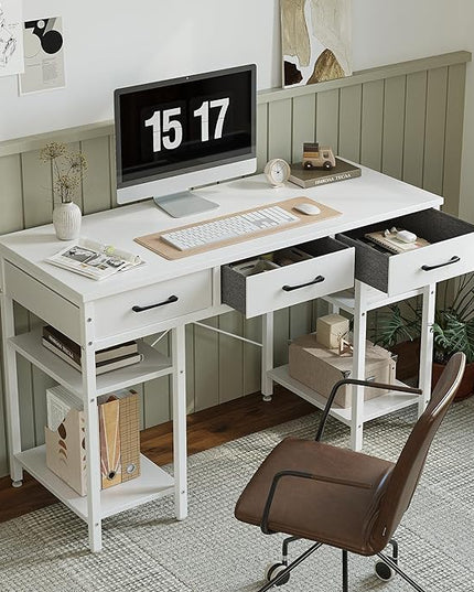 CubiCubi 47 Inch Computer Desk with 3 Drawers and Storage Shelves, Small Home Office Desk, Study Writing Table, Simple Desk for Bedroom, White - LeafyLoom