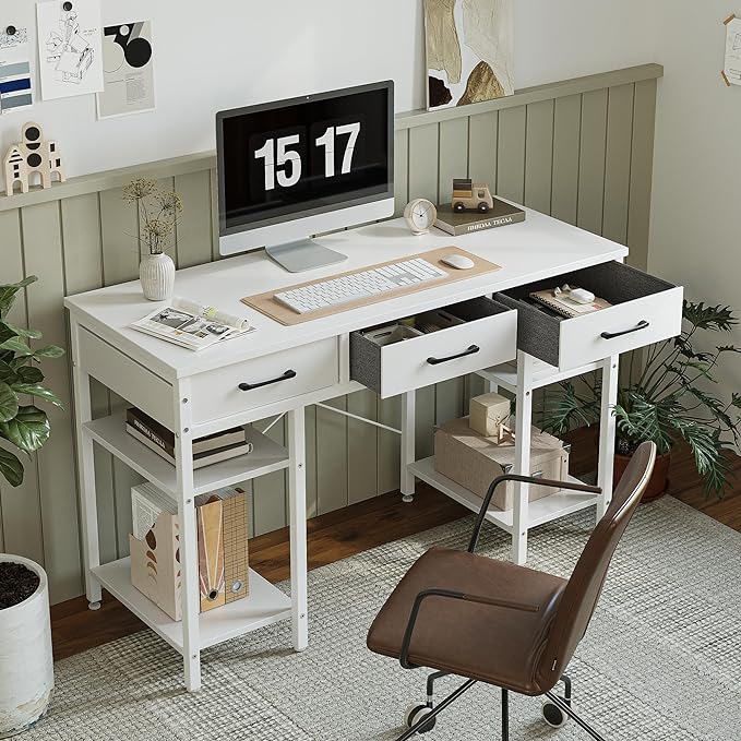 CubiCubi 47 Inch Computer Desk with 3 Drawers and Storage Shelves, Small Home Office Desk, Study Writing Table, Simple Desk for Bedroom, White - LeafyLoom