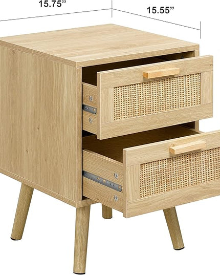 Finnhomy Nightstand, End Table, Side Table with 2 Hand Made Rattan Decorated Drawers, Wood Accent Table with Storage for Bedroom, Natural (Patented) - LeafyLoom