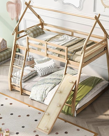 Twin Over Queen House Shape Bunk Bed, Wooden Bunk Beds House Bed with Climb Nets and Climbing Ramp for Kids Boys Girls Bedroom, No Box Spring Needed, Natural - LeafyLoom