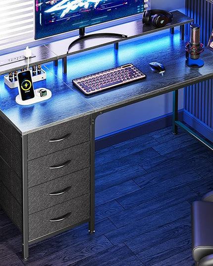 47 Inch Computer Desk with Power Outlets and LED Lights, Gaming Desk with 4 Drawers, Office Desk with Monitor Stand, Study Desk Work Desk for Home Office, Small Spaces, Gray - LeafyLoom