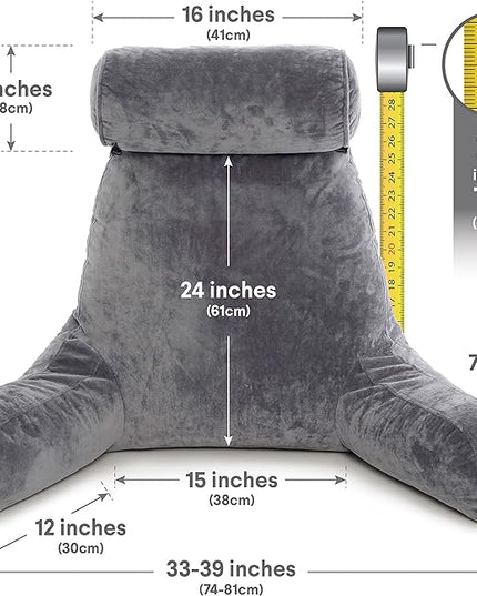 Husband Pillow XXL Dark Grey Backrest with Arms - Adult Reading Pillow Shredded Memory Foam, Ultra-Comfy Removable Microplush Cover & Detachable Neck Roll, Unmatched Support Bed Rest Sit Up Pillow - LeafyLoom