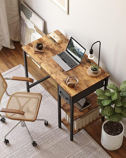 CubiCubi Computer Desk, 35 Inch Small Home Office Desk with Drawer Storage Shelves for Small Space, Writing Study Desk, Rustic Brown - LeafyLoom