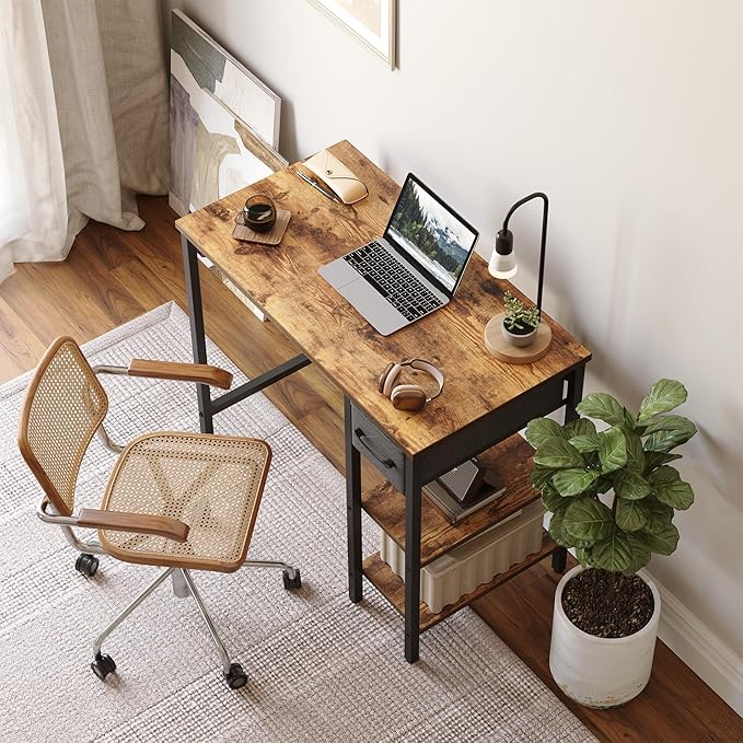 CubiCubi Computer Desk, 35 Inch Small Home Office Desk with Drawer Storage Shelves for Small Space, Writing Study Desk, Rustic Brown - LeafyLoom