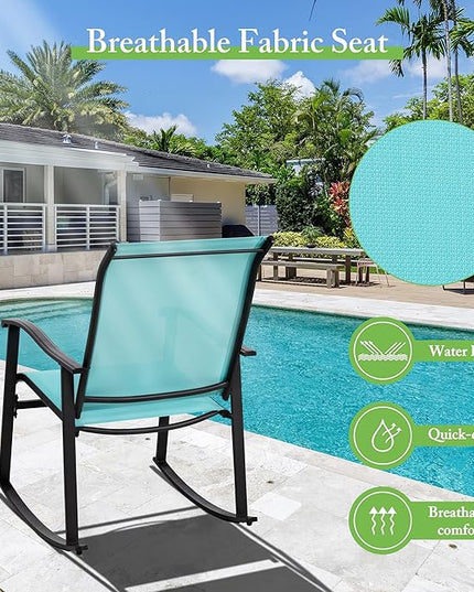 Shintenchi 3 Piece Rocking Bistro Set, Outdoor Furniture with Rocker Chairs and Glass coffee table set of 3, Balcony, Porch Furniture for Small Space, Blue - LeafyLoom