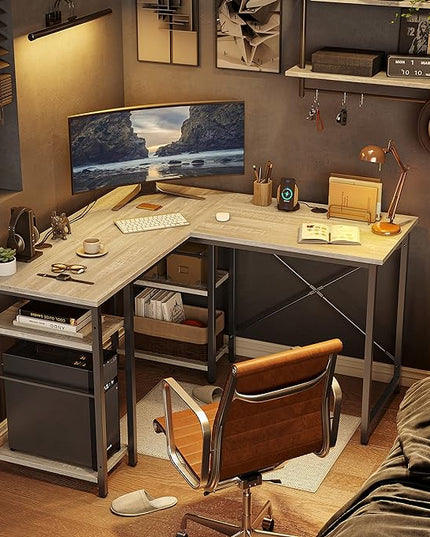 Bestier L Shaped Desk with Shelves 75 Inch Reversible Corner Computer Desk or 2 Person Long Table, Writing Study Desk for Home Office Small Space Bedroom Apartment, Wash White - LeafyLoom