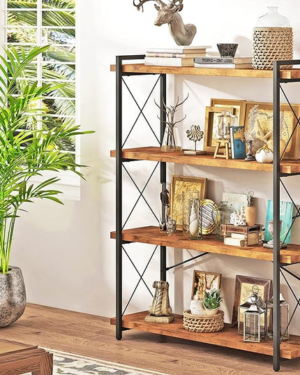 HCHQHS Bookshelf, 4-Tier Industrial Bookcase, Rustic Open Book Shelf, Freestanding Tall Bookshelves with Metal Frame - LeafyLoom