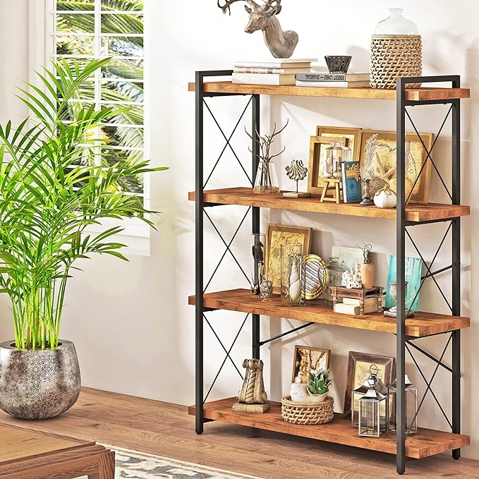 HCHQHS Bookshelf, 4-Tier Industrial Bookcase, Rustic Open Book Shelf, Freestanding Tall Bookshelves with Metal Frame - LeafyLoom