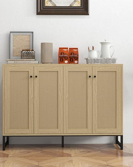 Panana Sideboard Accent Storage Cabinet with Rattan Decorated 4 Doors Dining Room Freestanding Kitchen Buffet Table Cupboard (Natural) - LeafyLoom