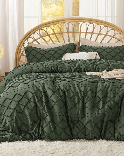 Bedsure King Size Comforter Set - Olive Green Comforter, Boho Tufted Shabby Chic Bedding Comforter Set, 3 Pieces Farmhouse Bed Set for All Seasons, Fluffy Soft Bedding Set with 2 Pillow Shams - LeafyLoom