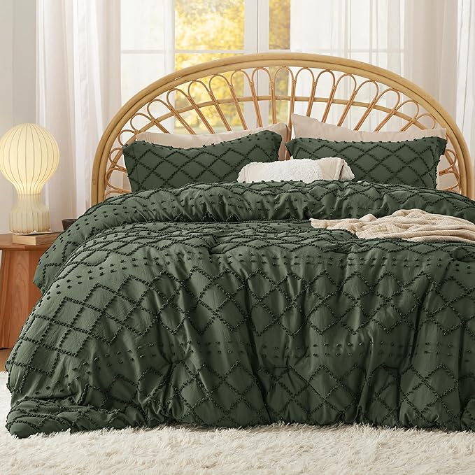 Bedsure King Size Comforter Set - Olive Green Comforter, Boho Tufted Shabby Chic Bedding Comforter Set, 3 Pieces Farmhouse Bed Set for All Seasons, Fluffy Soft Bedding Set with 2 Pillow Shams - LeafyLoom