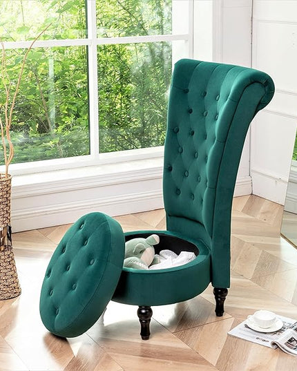 Royal High-Back Velvet Accent Chair for Vanity with Storage and Luxurious Upholstery, Retro Design and Versatile Usage for Living Room, Bedroom, Lounge and Office, Green - LeafyLoom