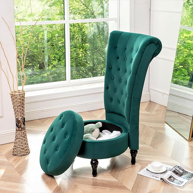 Royal High-Back Velvet Accent Chair for Vanity with Storage and Luxurious Upholstery, Retro Design and Versatile Usage for Living Room, Bedroom, Lounge and Office, Green - LeafyLoom