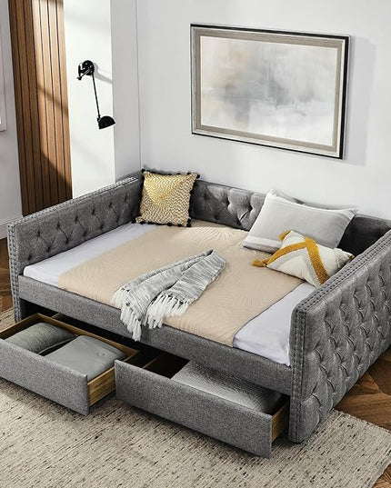 Full Size Upholstered Daybed, Pull Out with Two Storage Drawers, Solid Wood Frame Bed, Tufted Buttons and Copper Nails On Square Arms, for Bedrooms,Apartments - LeafyLoom
