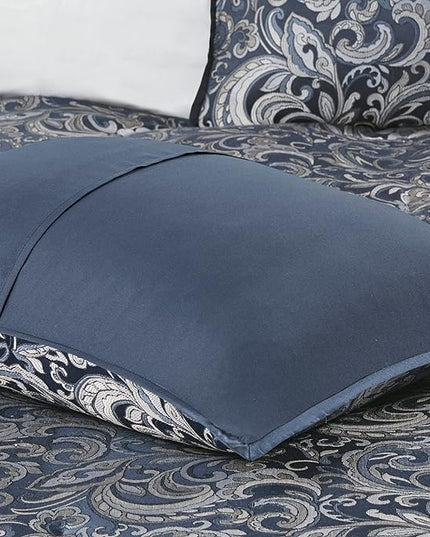 Madison Park Essentials Brystol 24 Piece Room in a Bag Faux Silk Comforter Jacquard Paisley Design Matching Curtains Down Alternative All Season Bedding-Set, King(104 in x 92 in), Navy 24 Piece - LeafyLoom