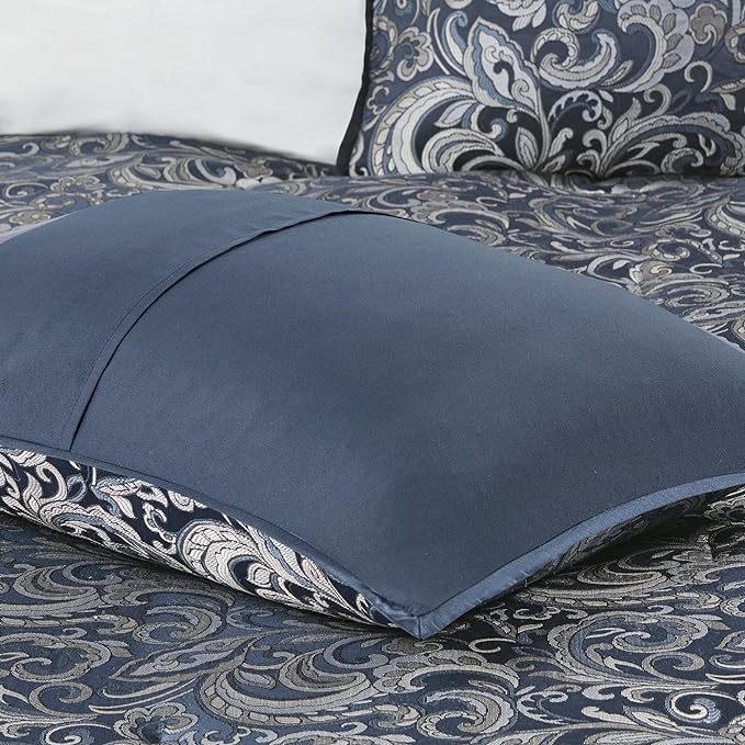 Madison Park Essentials Brystol 24 Piece Room in a Bag Faux Silk Comforter Jacquard Paisley Design Matching Curtains Down Alternative All Season Bedding-Set, King(104 in x 92 in), Navy 24 Piece - LeafyLoom